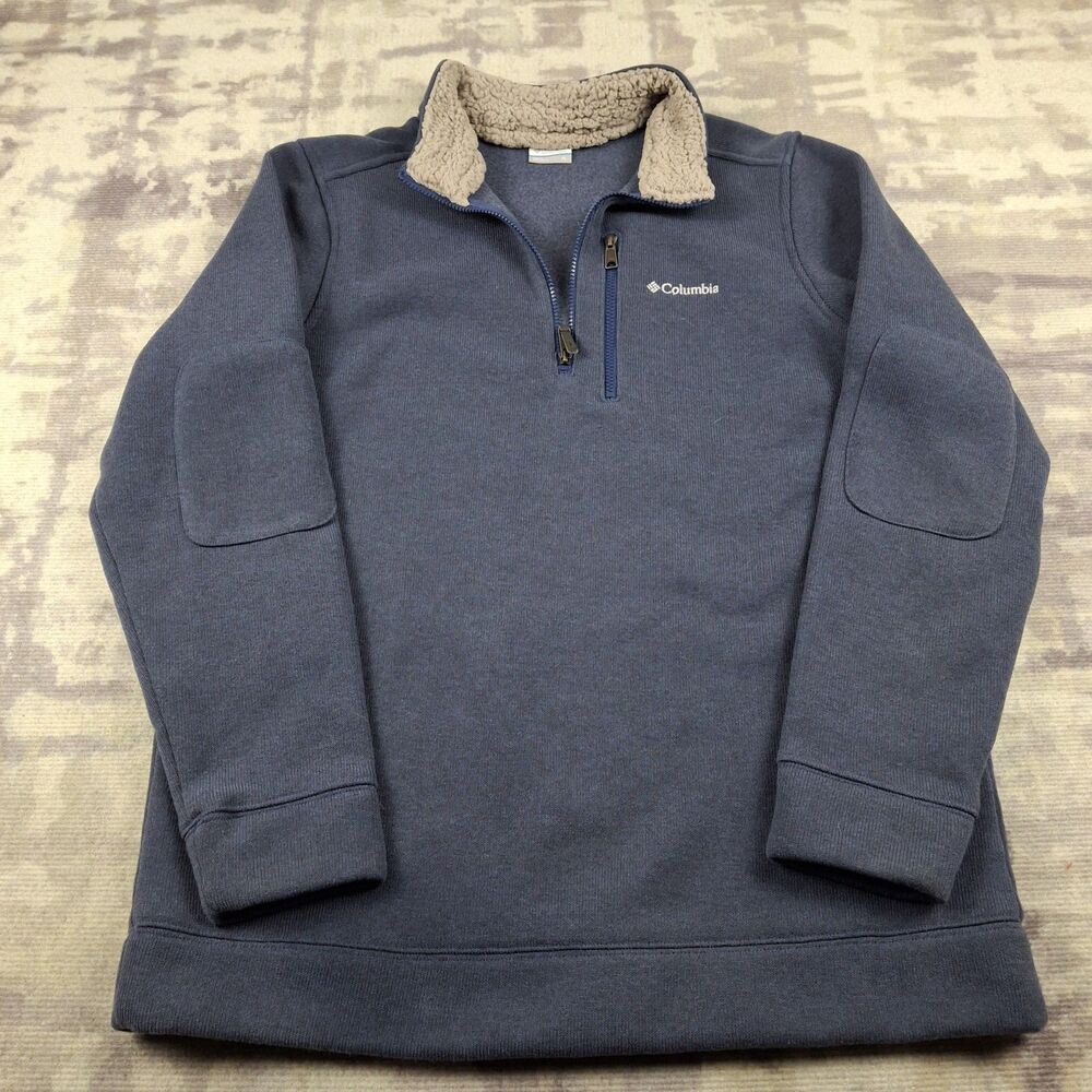 Columbia Sweater Fleece Mens Large XL Half Zip Elbow Patches Sherpa Collar Blue